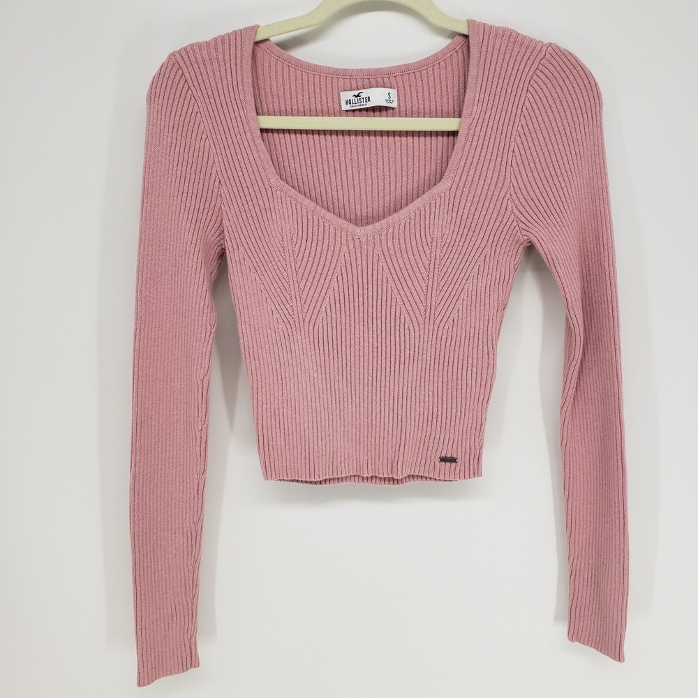 Hollister Ribbed Knit Cropped Sweater Womens S Pink Sweetheart Neck Long Sleeve